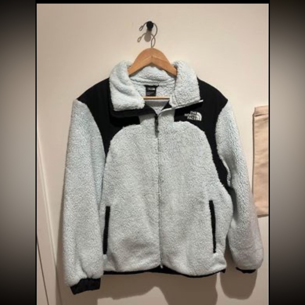 North face women’s light blue fuzzy medium fleece jacket. Super warm/comfortable